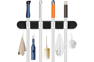 BOKIE Broom Holder Wall Mounted Mop Holder Self Adhesive Mop Broom Storage Tidy Organiser Bracket Broom Mop Gripper Rack with Hook, for RV Kitchen Garden Bathroom Cupboard