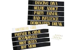 TEUVO Birthday Sashes for Girls, 10pcs Birthday Sash Set with 9pcs Black Satin Sashes + 1pcs White Birthday Girl Sash for Birthday Parties, Decorations, Favors