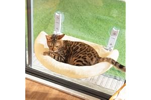 CATISM Foldable Cat Window Perch - Semicircular Cat Window Bed - Reinforced Window Hammock with Strong Suction Cup - Sturdy Frame for Glass Windows and Interior Walls(Beige)