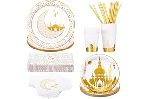 GWHOLE 96Pcs Ramadan Plates Set Eid Tableware Include Envelopes Paper Plates Napkins Cups Straws for Holiday Dinner Eid Mubarak Decoration