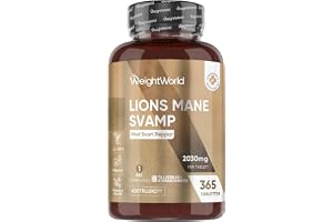 Lions Mane Mushroom 365 tabletter - 2000 mg per tablett - Lions Mane Mushroom (Hericium Erinaceus) - 25:1 extrakt med svartpeppar 30 mg - 1 års förbrukning - WeightWorld