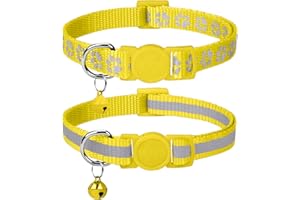 Taglory Collare Gatto Riflettente, 2 Pezzi Collari per Gatti Antistrozzo con Campanellino e Fibbia di Sicurezza, Stampa Zampa Carina 15-20cm Giallo