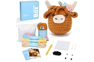 CrochetBox CROCHET BOX Komplettes Häkelset für Anfänger, Gelb-braun Schottisches Hochlandrind Häkelset, Video-Tutorial einbeziehen, Anleitung, Weiches Garn