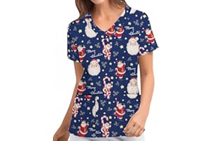 CHAOEN Women Christmas Nurses Scrub Top Short Sleeve Floral Printed Scrub Shirt Casual V-Neck Christmas Snowflake Printing Working Tunic Uniform Blouse