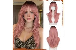 Sofeiyan Parrucche Lunga Layered Con Frange Lisci per Donna,Parrucche Sintetich Resistenti al Calore Naturale Dritta Parrucche con Frangia per Halloween/Party,60 cm Rosa