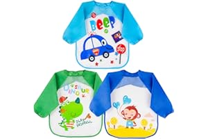 Vicloon Bavaglino a Manica, Bavaglino Unisex per Bambini, Bambini Impermeabile con Maniche Lunghe e Allacciatura Sulla Schiena, Giocare e Mangiare Piccoli da 6 Mesi a 3 Anni