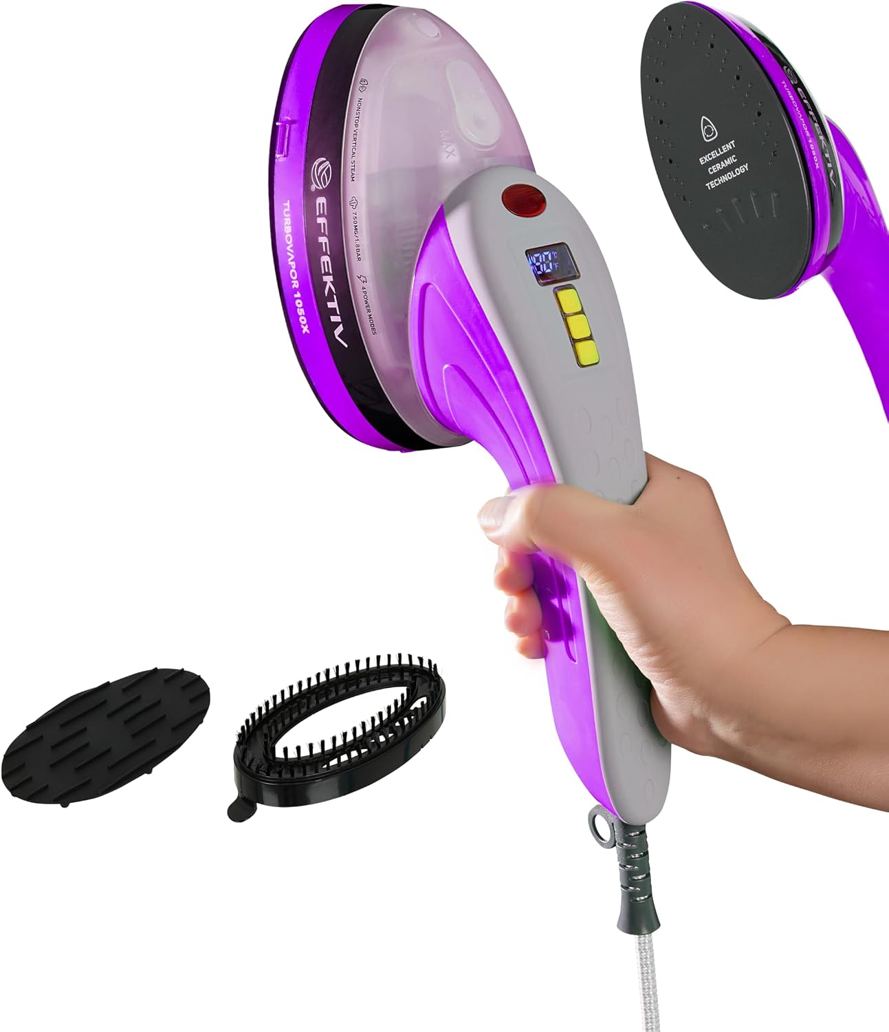 Plancha Vertical Vapor EFFEKTIV, 1800W, 3 en 1 Vapor Vertical Premium, Plancha Ropa con Suela Cerámica, Cepillo de Vapor, Depósito 250ml, Vapor Continuo 750mg/sec, Pantalla led, Autoapagado, Cable 3m