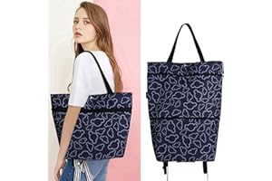 QIUGOSUN Foldable Shopping Bag with Wheels,Collapsible Trolley Bag on Wheels for Women Reusable Multi-Function Shopping Travel Tote Bag Heavy-Duty Capacity Bag Gifts for Birthday Valentines Woman Mother's Day