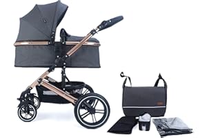 Pixini Neyla Kombi Kinderwagen mit Stoffwanne/Buggy/Wickeltasche/Getränkehalter/Regenplane/Mückennetz/Wickelauflage (gold/anthrazit)