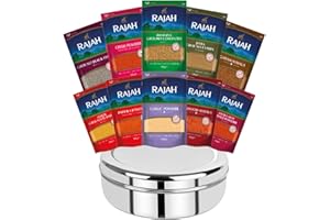 RAJAH TASTE OF HOME SINCE 1931 Rajah Spices Indian Spices Starter Kit with Spice Tin, 10 Essential Spices, Authentic Indian Spice Tin with Spices,