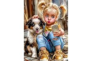 CEOVR Diamant Adulte Fille et Chiot,30x40cm Diamond Painting Adulte​,5D DIY Diamond Art Kit Fille Prenant un Selfie