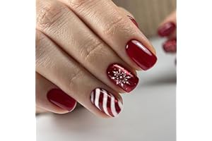 NLFOX Red False Nails Short - 24PCS Christmas Nails - Square Press on nails Strong - Fake Nails with Glue - Red Stripes Snowflake Nail Art Stick on Nails - Full Cover Nail Tips and Glue for Women