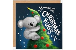 LOVOBIRD Christmas Card with Cute Koala on the Tree - Single Greeting Card with Sending You a Big Christmas Hugs Text, Xmas Card for Her, Him, Family, Sister, Brother, Mum, Dad