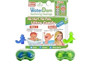 WaterDam Tappi per le orecchie da nuoto, ultra comodi, impermeabili, per prevenire le orecchie del nuotatore (taglia 1+2A: orecchie piccole, per donne, adolescenti, bambini, blu e verde)