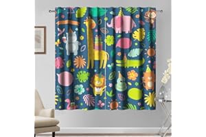 Kzzfqxb 107x160cm Tende per Bambini 2 Pannelli, Blu Scuro Animali Zoo Giraffa Elefante Ippopotamo Tigre Leone Cartone Animato drappeggiate per Bambini Ragazzi Camera da Letto per Bambini