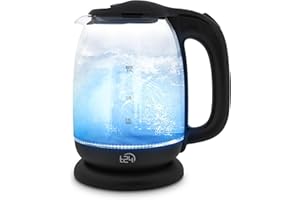 T24 Bollitore in vetro a LED da 1,7 litri con illuminazione a LED, bollitore in vetro, bollitore nero, catenella, erogatore di acqua calda, catena elettrica da 2200 W, certificato TÜV Rheinland GS