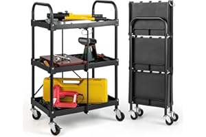 COSTWAY Wózek narzędziowy, 3 poziomy, składany wózek na kółkach, wózek wielofunkcyjny z poręczami, wózek warsztatowy, wózek serwisowy, do warsztatu, biura, domu, wózek montażowy, metalowy, czarny