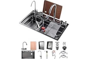 KOOGIMDDR 50 Cm De Ancho Fregadero De Cocina Con Grifo Cocina Extraible, 1 Cubeta De Acero Inoxidable Nanorrevestimiento, Fregadero Negro Con Cascada Así Como Otros Accesorios(Black-Grey A,70x50cm)