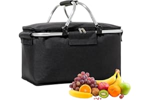 KYSUN Panier de Pique-Nique Pliable, Sac Isotherme 30L, Panier Thermique avec Poignée, Panier à Provisions, Grande Capacité, pour Camping, Voyages, Shopping, Activités de Plein Air (Noir)