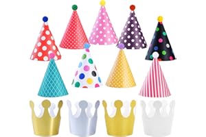 KATOOM 31pcs Kids Party Hats,Birthday Party Hats for Kids Princess Crown Paper Cap Colorful Cake Cone Hat with Pom Poms and Elastic Band Party Headwear for Kids Birthday Party Decorations