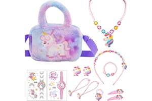 SOETDERT Einhorn Handtasche Geschenk, Mädchen Einhorn Schmuck Set, Einhörnern Kinderschmuck Halskette Armband, Ring, Haarspange, Geburtstagsgeschenk für Kinder Mädchen Rollenspiel
