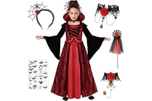 GEEKEO Halloween Deguisement Vampire Fille - Déguisement Enfant Vampire avec dent de Vampire Collier Robe Fille Princesse,Cosplay Costume de reine Décoration Halloween Carnaval