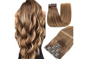 GUDOZO Clip-In Real Hair Extensions, 7 Pieces, 35 cm, 80 g, Chocolate Brown with Caramel Blonde, Invisible Clip Extensions, Real Hair Extensions (14 Inches, 4/4/27#)