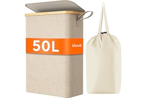 Lifewit Cesto Ropa Sucia Estrecho con Tapa 50L, Cesto de Ropa Plegable con Bolsa Extraíble y Asa, Cesta Ropa Sucia de Bambú, Cubo de Ropa para Dormitorio, Baño, Lavandería, Dormitorio, Beige