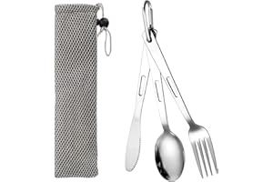 KMKANPO 3 piezas Cubiertos para Llevar,Portátil Cubiertos Camping,Juego de Cubiertos Acero Inoxidable Reutilizables,con Cuchillos,mosquetones,Cuchara,Tenedores,Bolsa de Almacenamiento