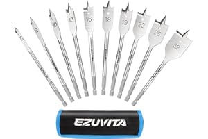 EZUVITA 10pcs Wood Spade Drill Bits Set 152mm, Carbon Steel Paddle Flat Bit for Hole Cutter Woodworking, 6mm to 32mm, Quick-Change Hex Shank, Acrossed Bits with Storage Pouch