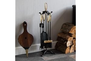 Fire Vida 5 Piece Buxton Fireplace Companion Set – Black & Brass Fire Tool Set with Stand – Includes Poker, Tongs, Brush & Shovel – Fireplace Accessories for Wood Burners, Fire Pits & Coal Stoves