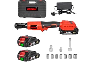 ONEVAN Cordless Wrench Electric Power Ratchet - 80 Nm Max Torque, 3/8" Drive Wrench with LED Light, Includes 8 Sockets, for Vehicle and Industrial Use (incl. 2 Batteries)