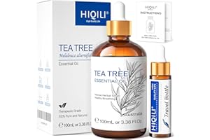 HIQILI Huile Essentielle Tea Tree 100ML, 100% Naturelle, Huile d'aromathérapie Pour Le Visage, La Fabrication de Bougies, Le Diffuseur, La Peau et Les Cheveux - 3.38 Fl Oz