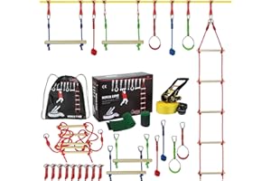 ALPIDEX Ninja Niños Slackline Kids 15 m Obstacles Set Anillos Gimnasia Nudos Cuerda Accesorios Escalada Curso Extensible