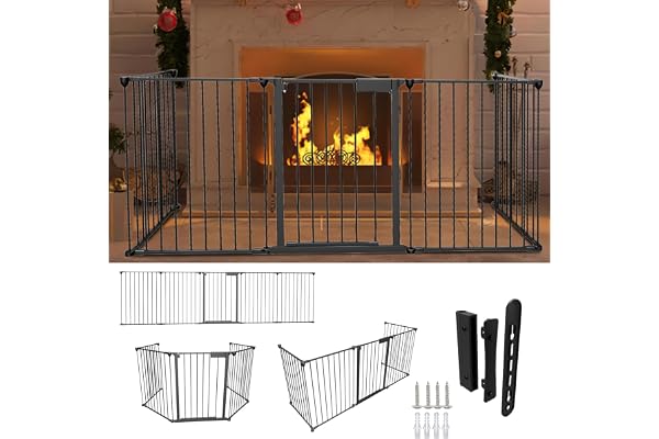 Ansobea Barrière de Protection de cheminée avec Porte de 310 cm en métal - Pliable et 5 pièces - avec Serrure de Porte - pour Enfants et Animaux domestiques - Noir