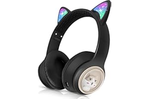 Woukksy Bluetooth Kopfhörer Kinder, Faltbar 85dB Mädchen Kopfhörer Over Ear, Kabellos Kinderkopfhörer mit LED-licht Katzenohren und Mikrofon für Schule/Tablet/Handy/PC (Schwarz)