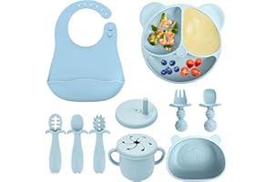 comeder Baby Weaning Set, 10 Pcs Silicone Baby Feeding Set, Baby Led Weaning Feeding Supplies for Toddlers, Baby Plates and Bowls Sets with Adjustable Bib, Food Plate Kit, Fork & Spoon (Blue)
