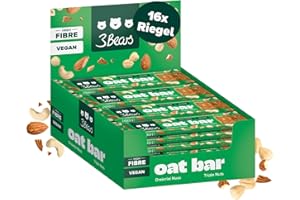 ‎3BEARS 3Bears Oat Bar – Müsliriegel Dreierlei Nuss (16×45g) – Vegan, ballaststoffreich, ohne Industriezucker & palmölfrei – Hafer-Nuss-Riegel im handlichen Format für unterwegs, Büro & Sport