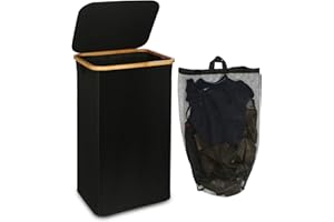 efluky Large Laundry Basket w/ Lid, 100L Tall Laundry Basket w/ Bamboo Handles Clothes & Toys Storage, Freestanding Collapsible Laundry Hamper w/ Inner Bag Bedroom & Bathroom, Black (EF-100BL)