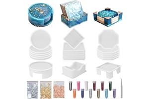 VirtuGro 18Pcs Resin Coaster Moulds Silicone Molds for Resin Casting Epoxy Resin Moulds Round Square Octagon Coaster Mould with Gold Foil, Tweezers for DIY Crafts Mould Making
