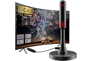 SUFUBYTE 2025 Nouvelle Antenne TV Intérieur Puissante TNT, 500KM Longue Portée et Antenne TV Intérieure à 360 °, pour 1080P 4K Chaînes Télévision Gratuites - 5m de Câble Coaxial & avec Base magnétique (T808)