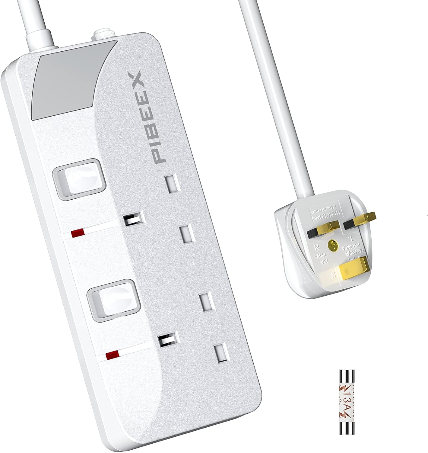 PIBEEX Extension Lead 2 Way Plug Sockets with Individual Switches Wall Mountable Power Strip 1.5M Extension Cable 13A Fused UK Plug 3250W