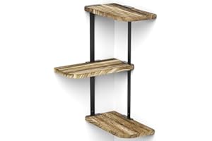 Love-KANKEI Corner Shelf, 3 Tiers Rustic Wood Floating Shelves for Bedroom, Living Room, Bathroom, Kitchen and Office etc, Carbonized Black
