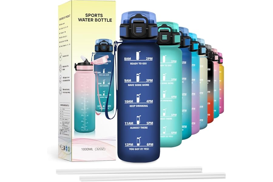 JAPORIA 1L Water Bottle Hydration Bottle with Straw, Time Indicator, Leakproof, Reusable for Cycling, Hiking, Work