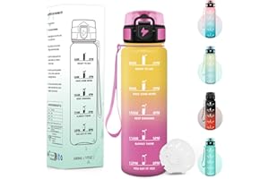 Baramumu Gourde, 500ML Sans BPA, Gourde Enfant, Avec Horodatage, Bouteille Anti Fuite, Conception de Verrouillage Anti-Fuite, Bouteille plastique pour École, Yoga, En cours d'exécution - Jaune&rose