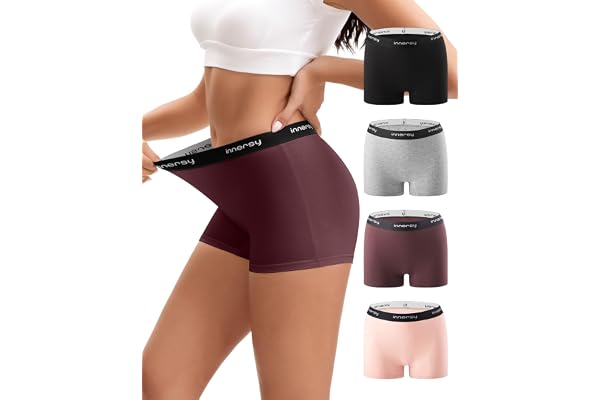 INNERSY Boxershorts för kvinnor, bomull, underkläder, kvinnor, hög midja, kalsonger med ben, 4-pack
