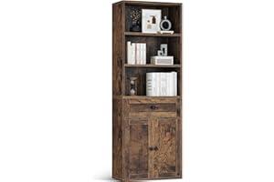 Coleshome 5-Tier Bookcase with Doors and Cabinet, Bookshelf Floor Standing Display Storage Shelf, Tall Bookcase with drawers for Home, Office, Living Room, Bedroom, Rustic Brown, 48 x 24 x 164.2