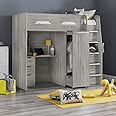 High Sleeper Storage Bed, Happy Beds Pegasus Wood Modern Desk Wardrobe Drawers Cupboards Loft Bunk (3FT - Frame Only, Grey Oak)