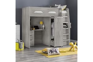 happybeds High Sleeper Storage Bed, Pegasus Wood Modern Desk Wardrobe Drawers Cupboards Loft Bunk (3FT - Orthopaedic Mattress, Grey Oak)