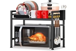 YSWOVUO Verstellbares Mikrowellenregal, 2-stufig erweiterbar, Küchenregal mit Arbeitsplatte, Kohlenstoffstahl, 8 Haken, 1 Utensilienhalter, Schwarz